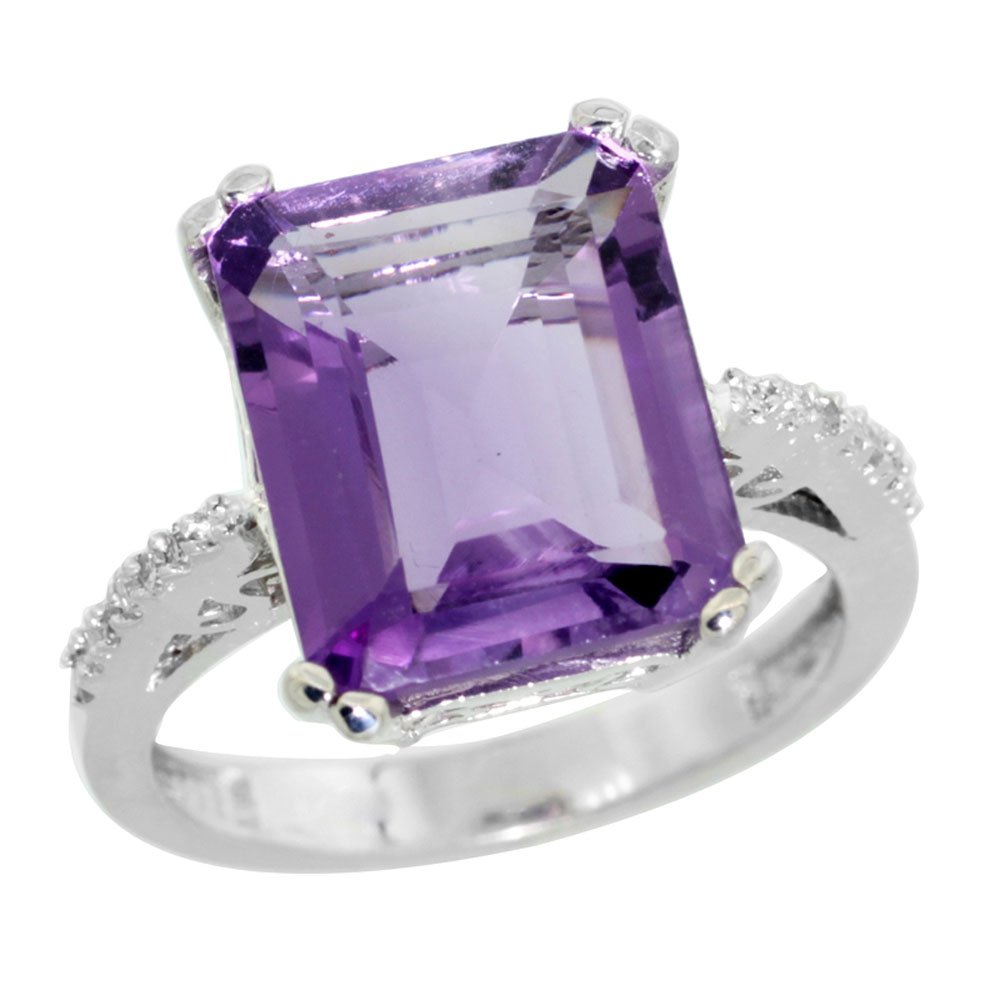 14K White Gold Natural Diamond Amethyst Ring Emerald-cut 12x10mm, sizes 5-10