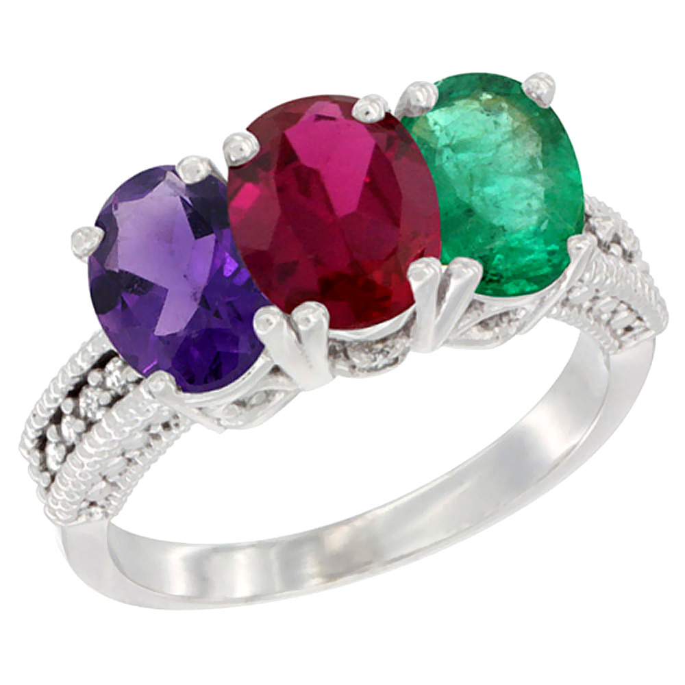 14K White Gold Natural Amethyst, Enhanced Ruby & Natural Emerald Ring 3-Stone 7x5 mm Oval Diamond Accent, sizes 5 - 10