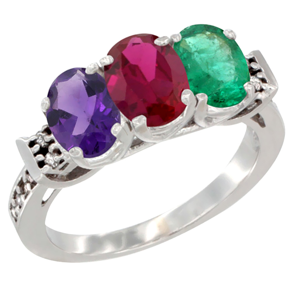 10K White Gold Natural Amethyst, Enhanced Ruby & Natural Emerald Ring 3-Stone Oval 7x5 mm Diamond Accent, sizes 5 - 10