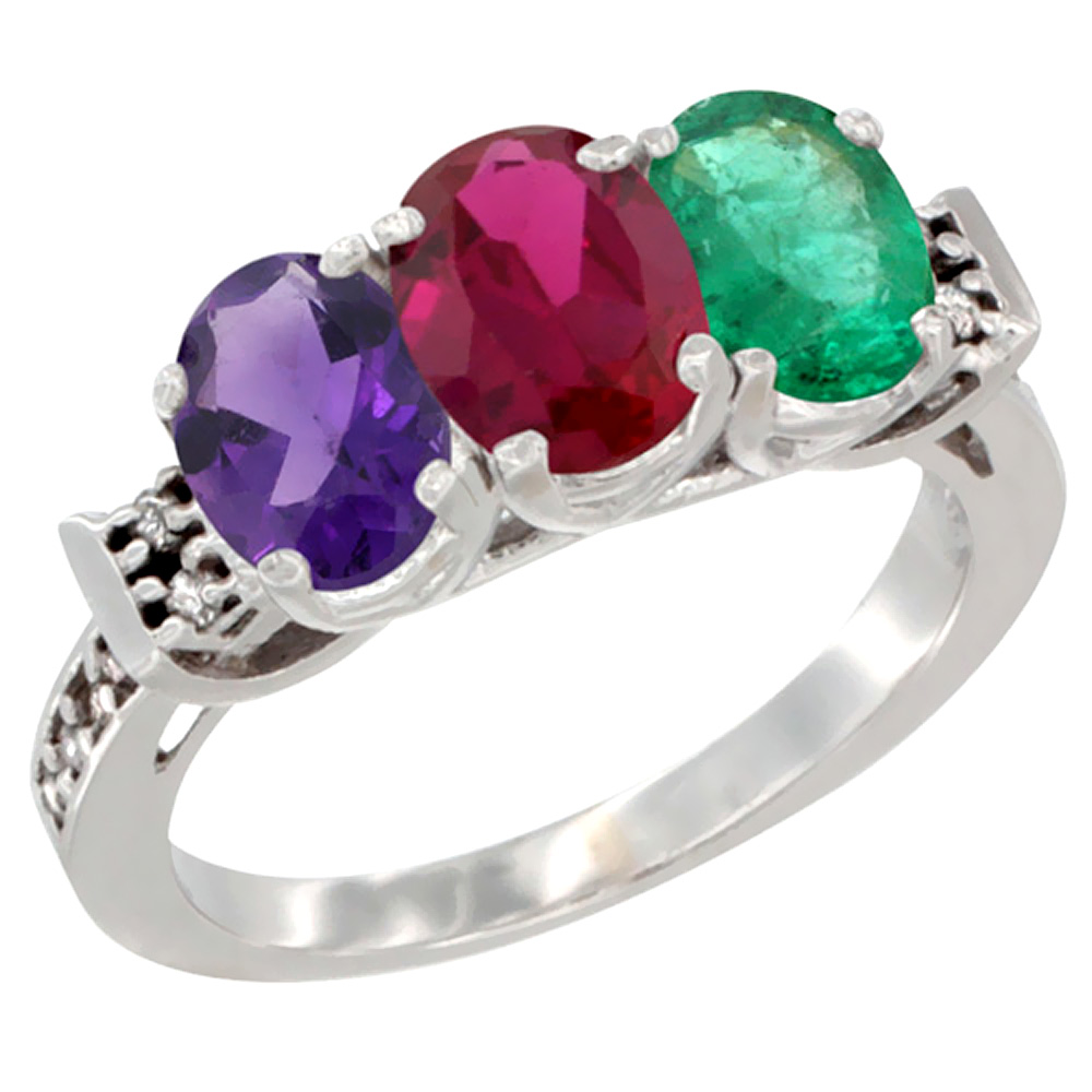 14K White Gold Natural Amethyst, Enhanced Ruby &amp; Natural Emerald Ring 3-Stone 7x5 mm Oval Diamond Accent, sizes 5 - 10