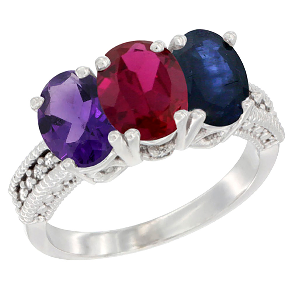 14K White Gold Natural Amethyst, Enhanced Ruby &amp; Natural Blue Sapphire Ring 3-Stone 7x5 mm Oval Diamond Accent, sizes 5 - 10