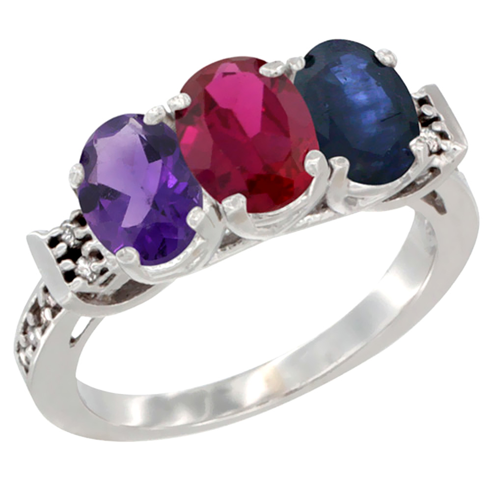 10K White Gold Natural Amethyst, Enhanced Ruby &amp; Natural Blue Sapphire Ring 3-Stone Oval 7x5 mm Diamond Accent, sizes 5 - 10