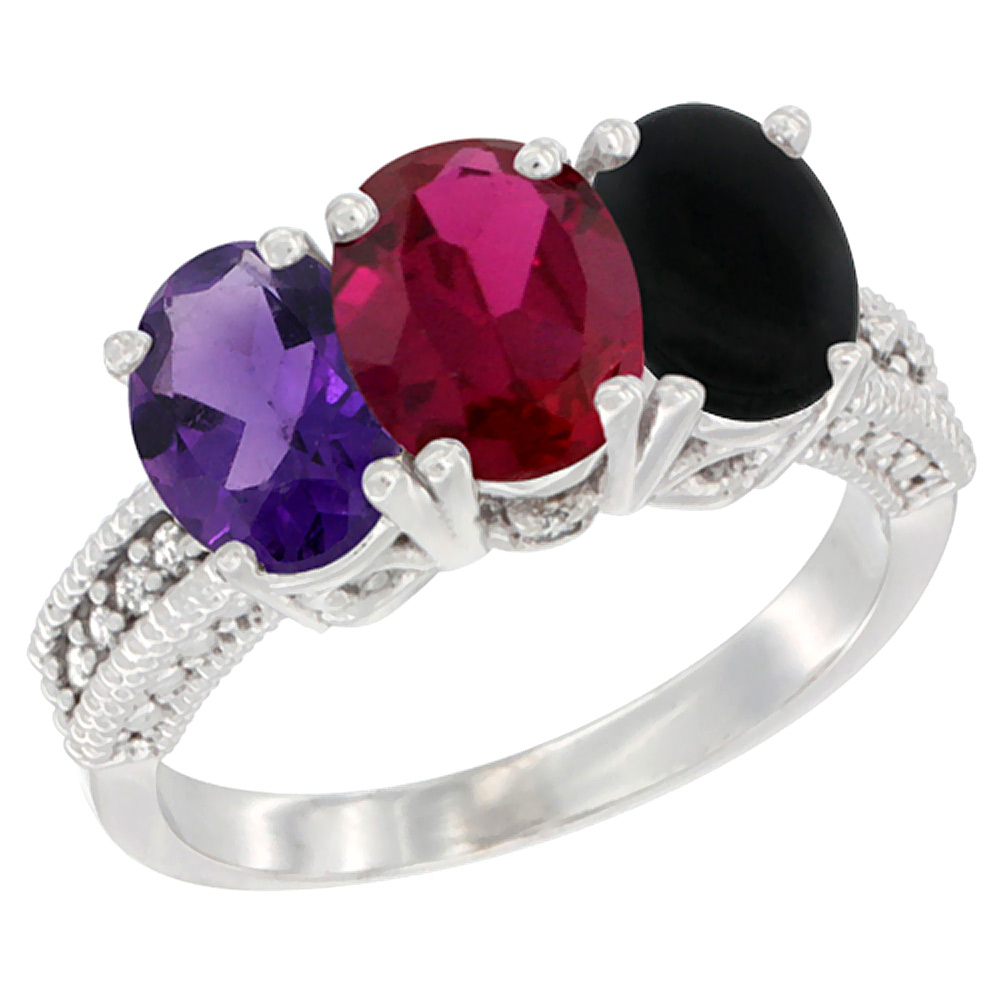 14K White Gold Natural Amethyst, Enhanced Ruby &amp; Natural Black Onyx Ring 3-Stone 7x5 mm Oval Diamond Accent, sizes 5 - 10