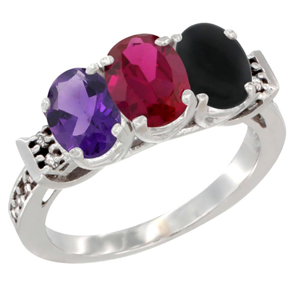 14K White Gold Natural Amethyst, Enhanced Ruby & Natural Black Onyx Ring 3-Stone 7x5 mm Oval Diamond Accent, sizes 5 - 10