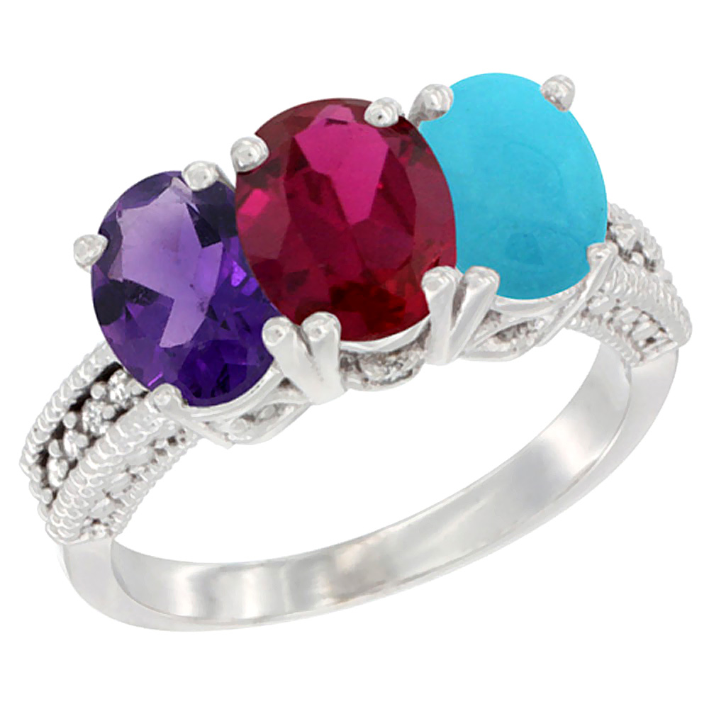 14K White Gold Natural Amethyst, Enhanced Ruby & Natural Turquoise Ring 3-Stone 7x5 mm Oval Diamond Accent, sizes 5 - 10