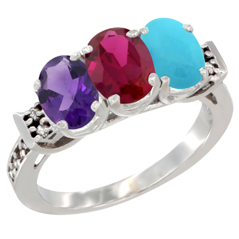 14K White Gold Natural Amethyst, Enhanced Ruby &amp; Natural Turquoise Ring 3-Stone 7x5 mm Oval Diamond Accent, sizes 5 - 10