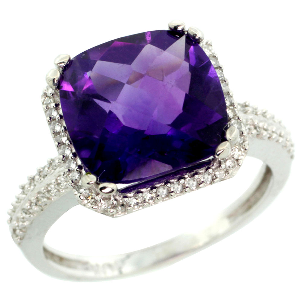 14K White Gold Natural Amethyst Ring Cushion-cut 11x11mm Diamond Halo, sizes 5-10