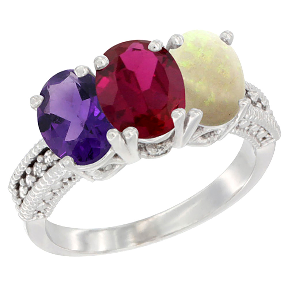 14K White Gold Natural Amethyst, Enhanced Ruby &amp; Natural Opal Ring 3-Stone 7x5 mm Oval Diamond Accent, sizes 5 - 10