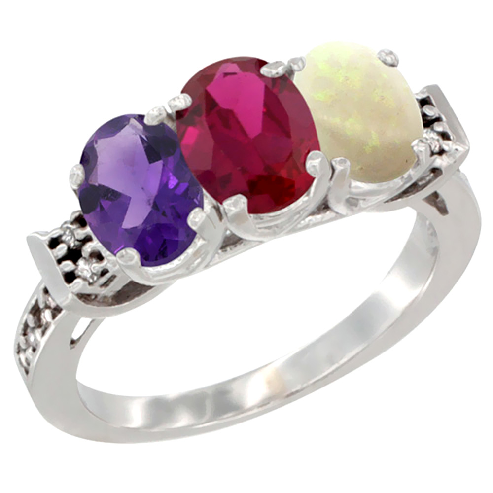 14K White Gold Natural Amethyst, Enhanced Ruby &amp; Natural Opal Ring 3-Stone 7x5 mm Oval Diamond Accent, sizes 5 - 10