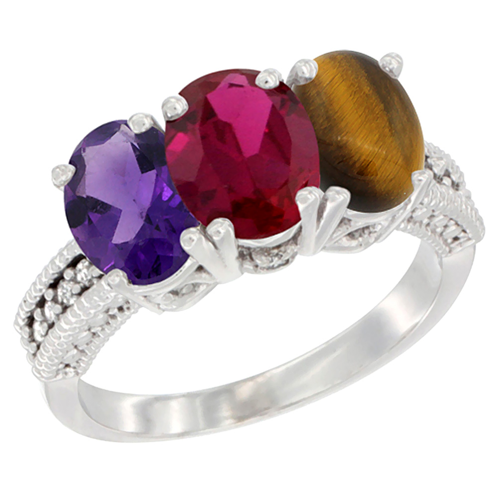 14K White Gold Natural Amethyst, Enhanced Ruby &amp; Natural Tiger Eye Ring 3-Stone 7x5 mm Oval Diamond Accent, sizes 5 - 10