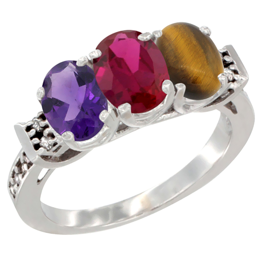 14K White Gold Natural Amethyst, Enhanced Ruby &amp; Natural Tiger Eye Ring 3-Stone 7x5 mm Oval Diamond Accent, sizes 5 - 10