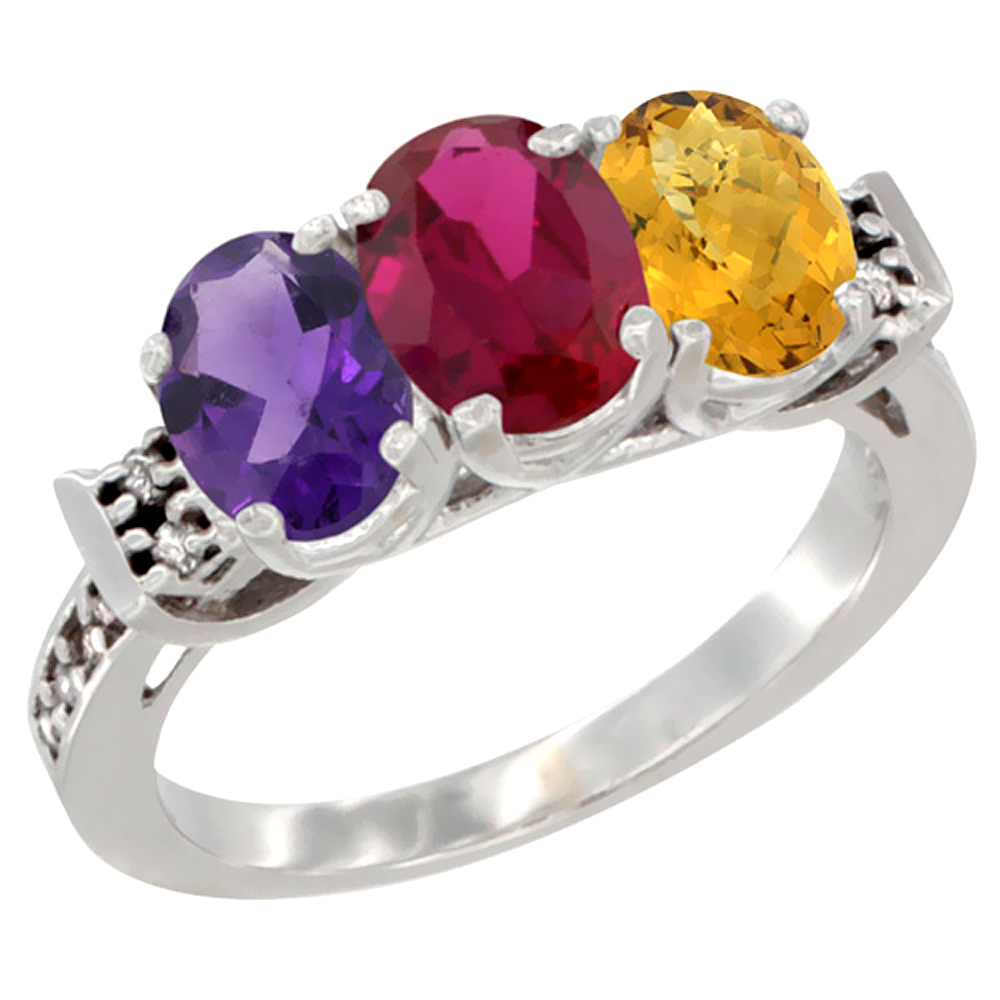 14K White Gold Natural Amethyst, Enhanced Ruby &amp; Natural Whisky Quartz Ring 3-Stone 7x5 mm Oval Diamond Accent, sizes 5 - 10