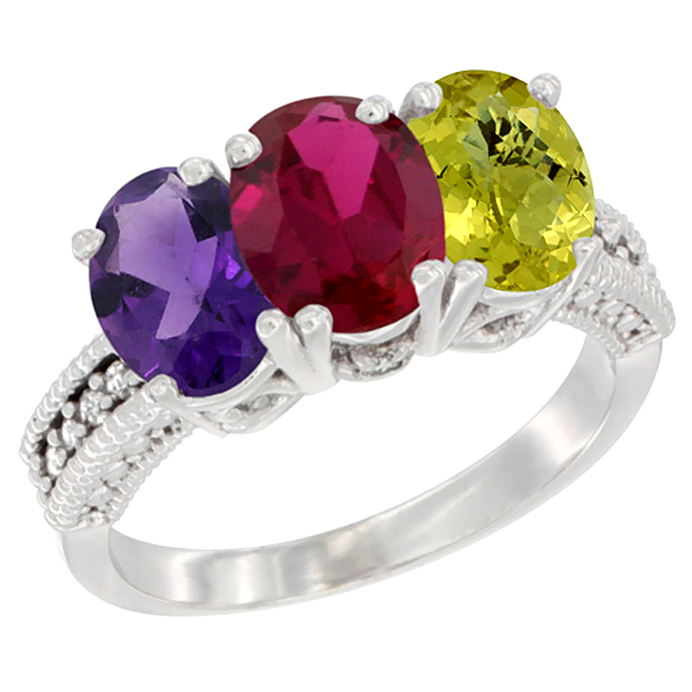 14K White Gold Natural Amethyst, Enhanced Ruby &amp; Natural Lemon Quartz Ring 3-Stone 7x5 mm Oval Diamond Accent, sizes 5 - 10