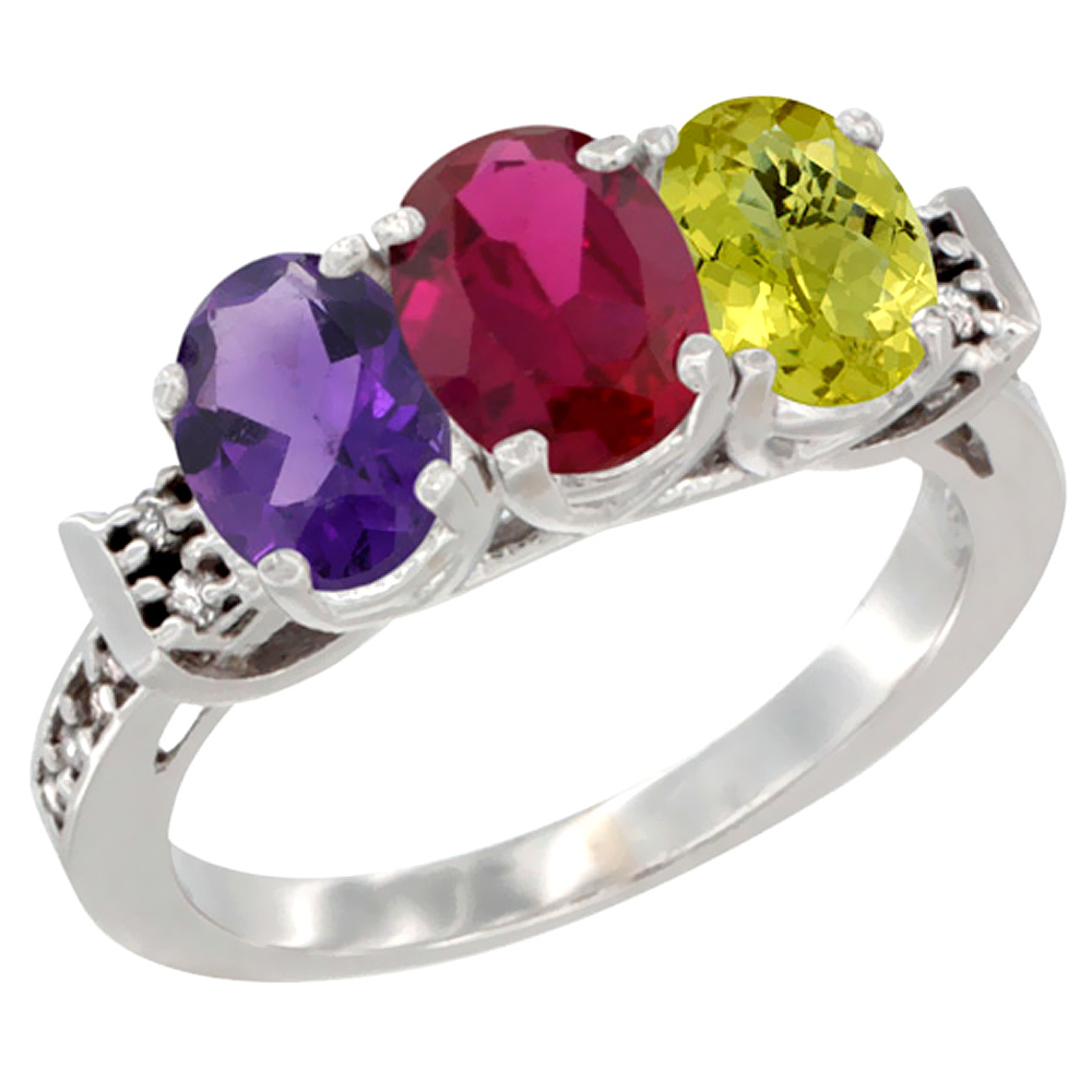 10K White Gold Natural Amethyst, Enhanced Ruby &amp; Natural Lemon Quartz Ring 3-Stone Oval 7x5 mm Diamond Accent, sizes 5 - 10