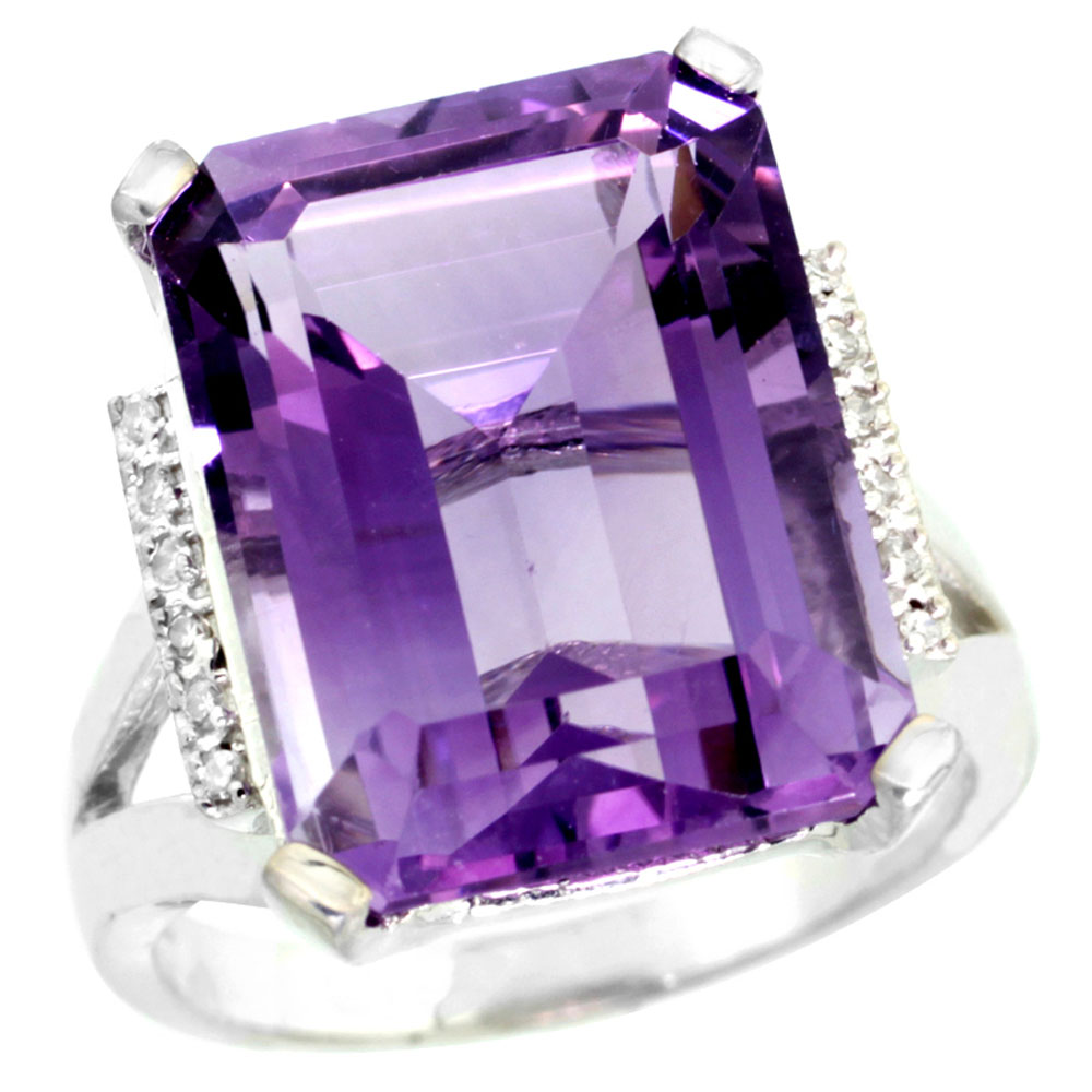 14K White Gold Diamond Natural Amethyst Ring Emerald-cut 16x12mm, sizes 5-10