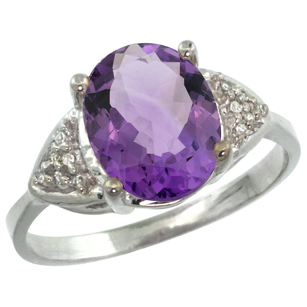 10K White Gold Diamond Genuine Amethyst Engagement Ring Oval 10x8mm sizes 5-10