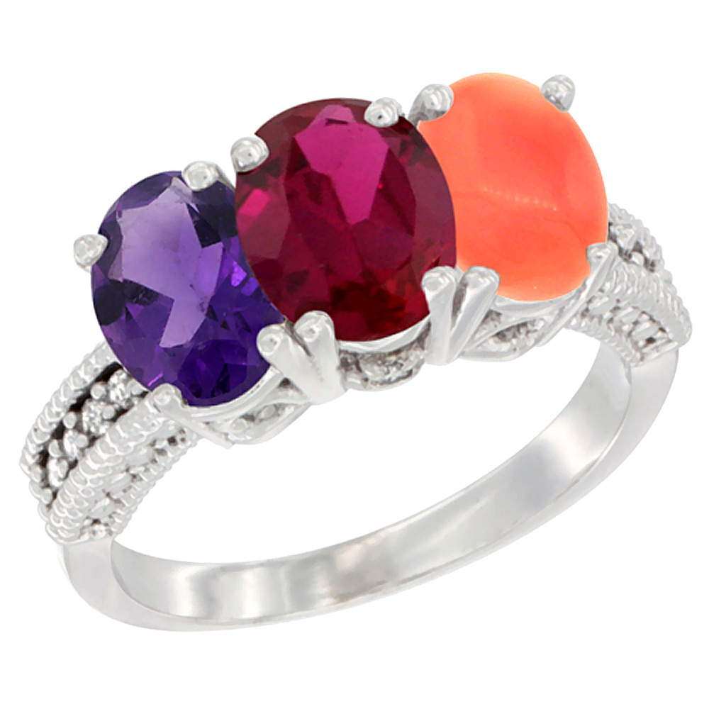 14K White Gold Natural Amethyst, Enhanced Ruby & Natural Coral Ring 3-Stone 7x5 mm Oval Diamond Accent, sizes 5 - 10