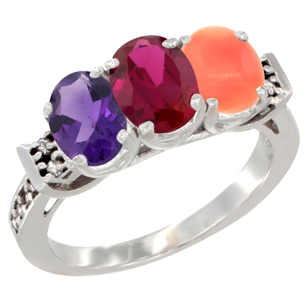 10K White Gold Natural Amethyst, Enhanced Ruby &amp; Natural Coral Ring 3-Stone Oval 7x5 mm Diamond Accent, sizes 5 - 10