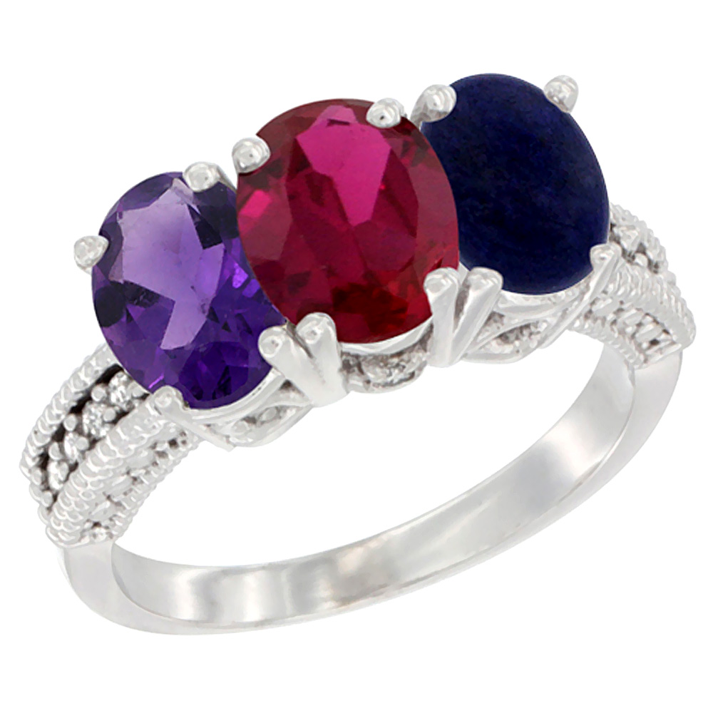 14K White Gold Natural Amethyst, Enhanced Ruby &amp; Natural Lapis Ring 3-Stone 7x5 mm Oval Diamond Accent, sizes 5 - 10