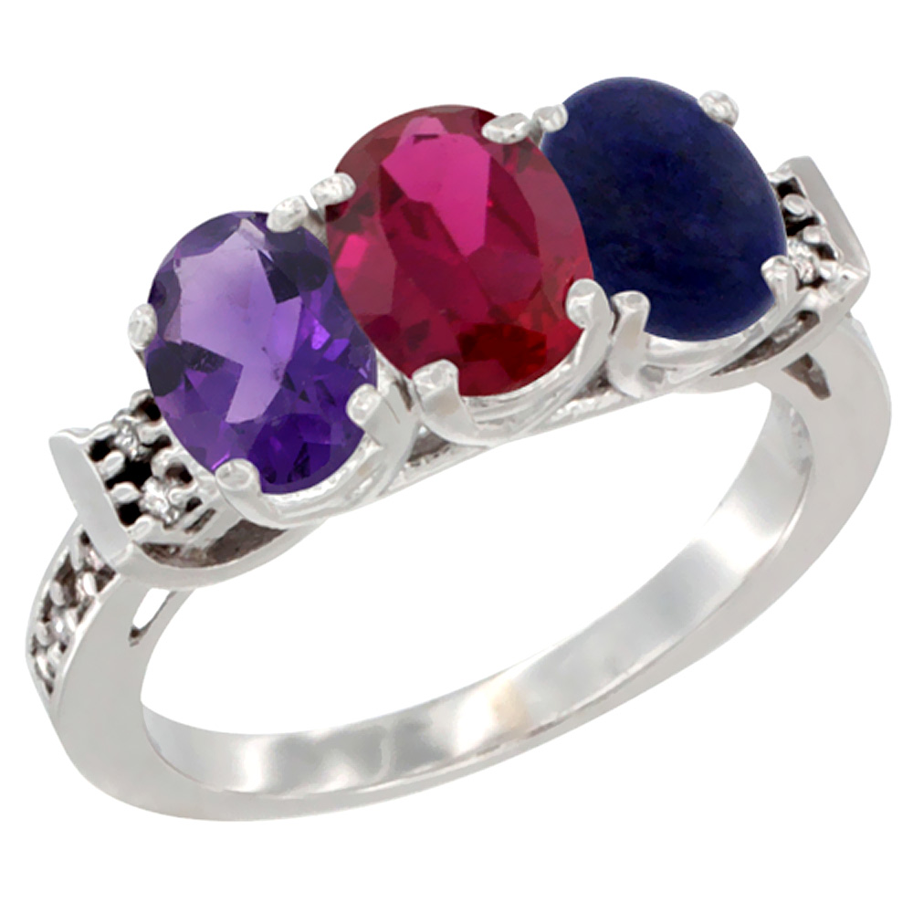 10K White Gold Natural Amethyst, Enhanced Ruby &amp; Natural Lapis Ring 3-Stone Oval 7x5 mm Diamond Accent, sizes 5 - 10