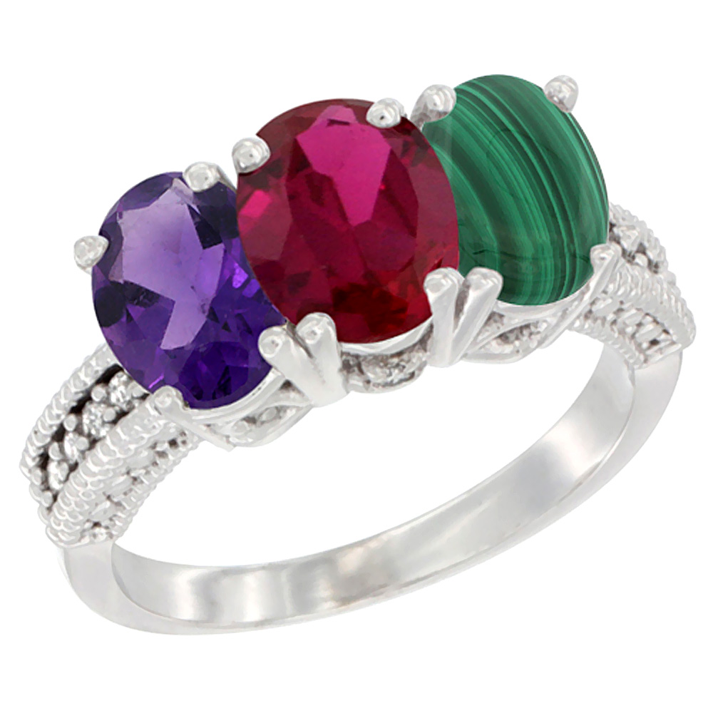 14K White Gold Natural Amethyst, Enhanced Ruby &amp; Natural Malachite Ring 3-Stone 7x5 mm Oval Diamond Accent, sizes 5 - 10