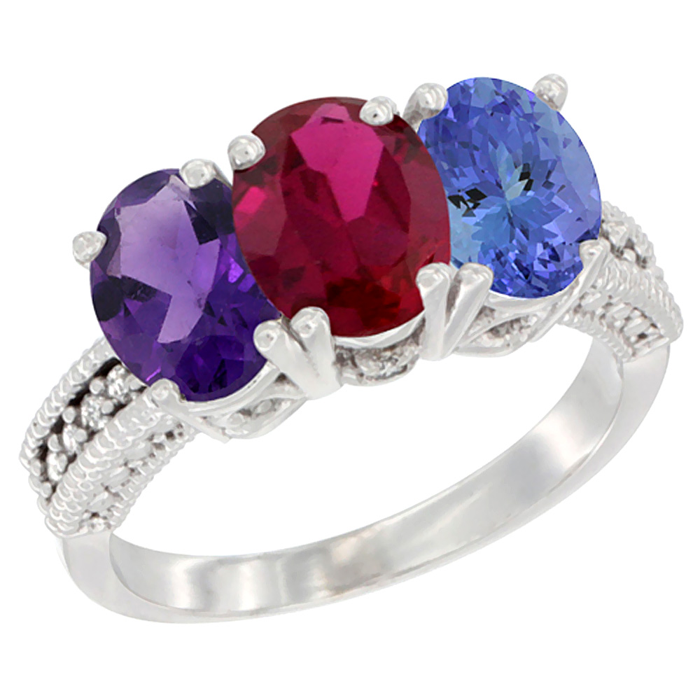 14K White Gold Natural Amethyst, Enhanced Ruby & Natural Tanzanite Ring 3-Stone 7x5 mm Oval Diamond Accent, sizes 5 - 10