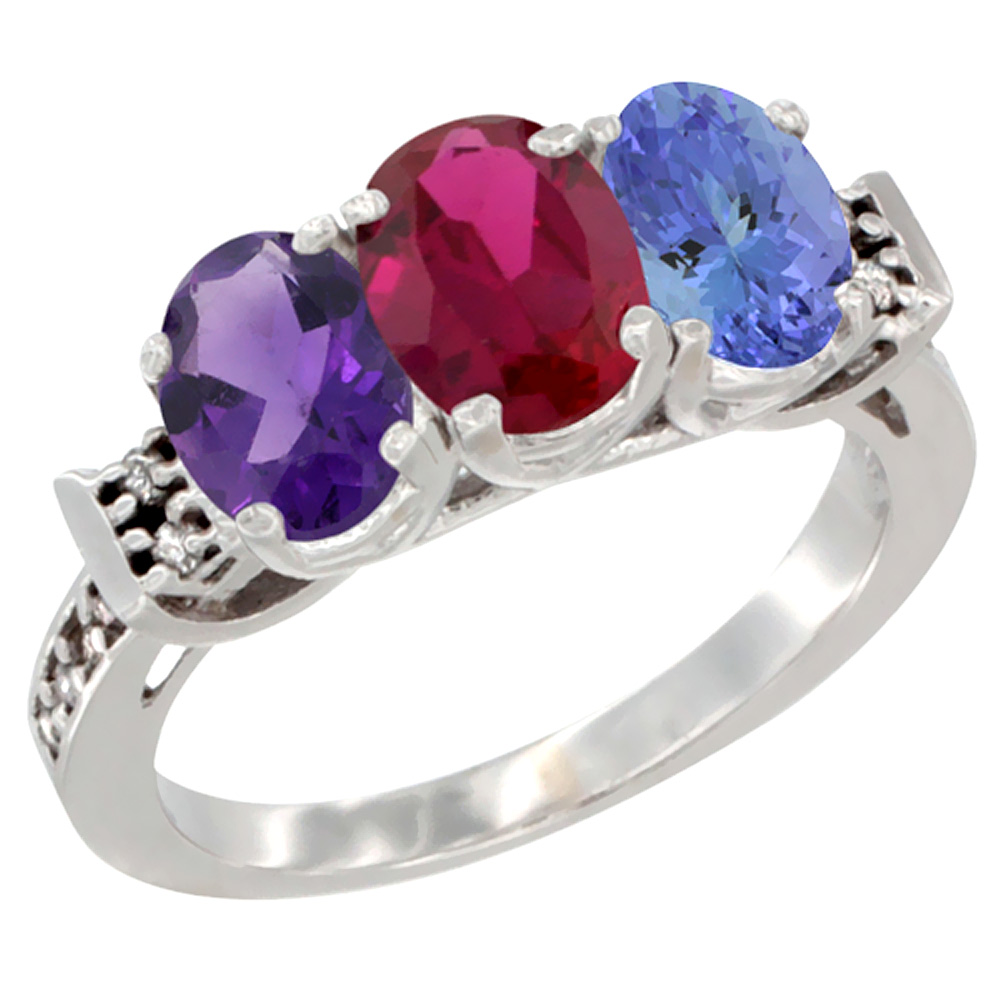 14K White Gold Natural Amethyst, Enhanced Ruby &amp; Natural Tanzanite Ring 3-Stone 7x5 mm Oval Diamond Accent, sizes 5 - 10