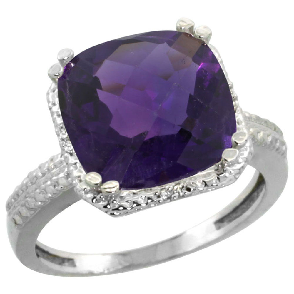 14K White Gold Diamond Natural Amethyst Ring Cushion-cut 11x11mm, sizes 5-10