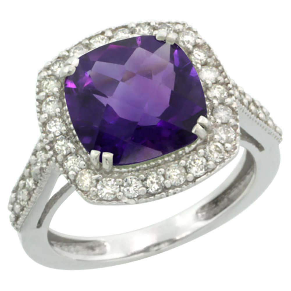 14K White Gold Natural Amethyst Ring Cushion-cut 9x9mm Diamond Halo, sizes 5-10