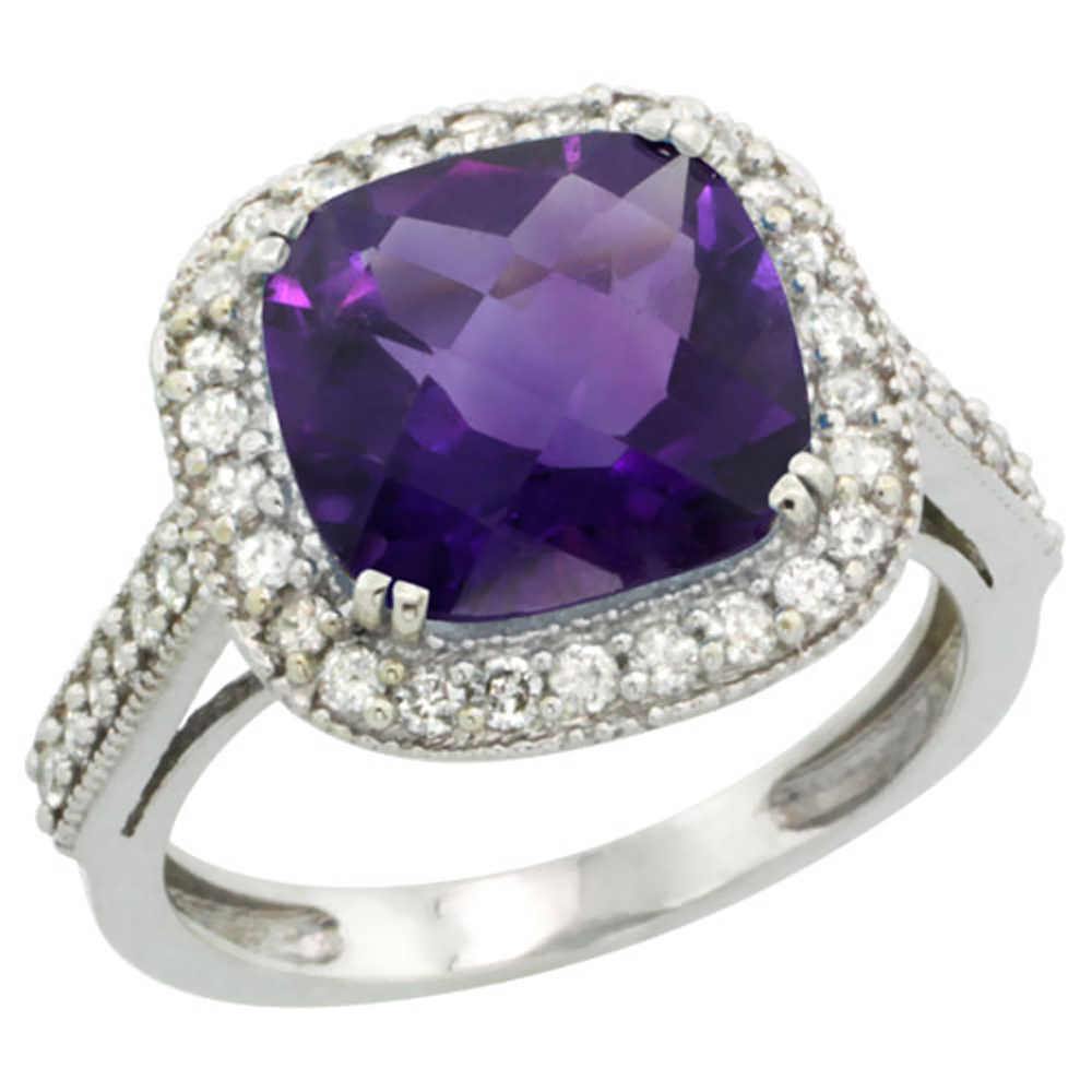 14K White Gold Natural Amethyst Ring Cushion-cut 10x10mm Diamond Halo, sizes 5-10