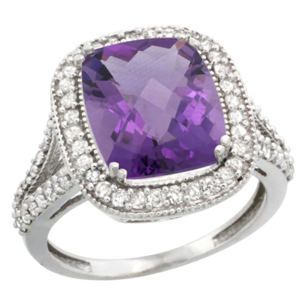 14K White Gold Natural Amethyst Ring Cushion-cut 12x10mm Diamond Halo, sizes 5-10