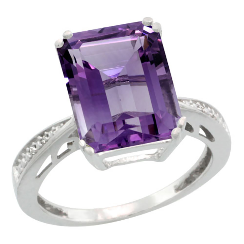 10K White Gold Genuine Diamond Amethyst Ring Emerald-cut 12x10mm sizes 5-10