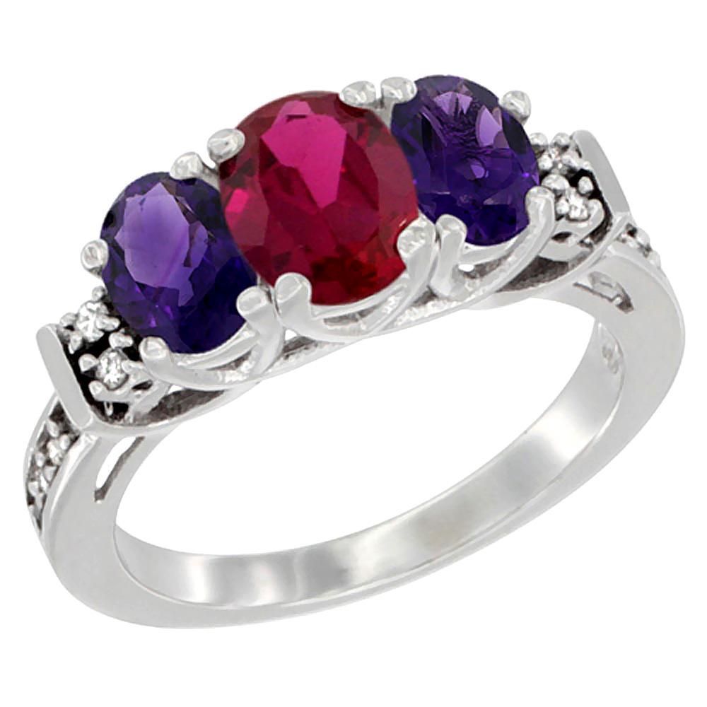 14K White Gold Natural Quality Ruby &amp; Amethyst 3-stone Mothers Ring Oval Diamond Accent, size 5-10