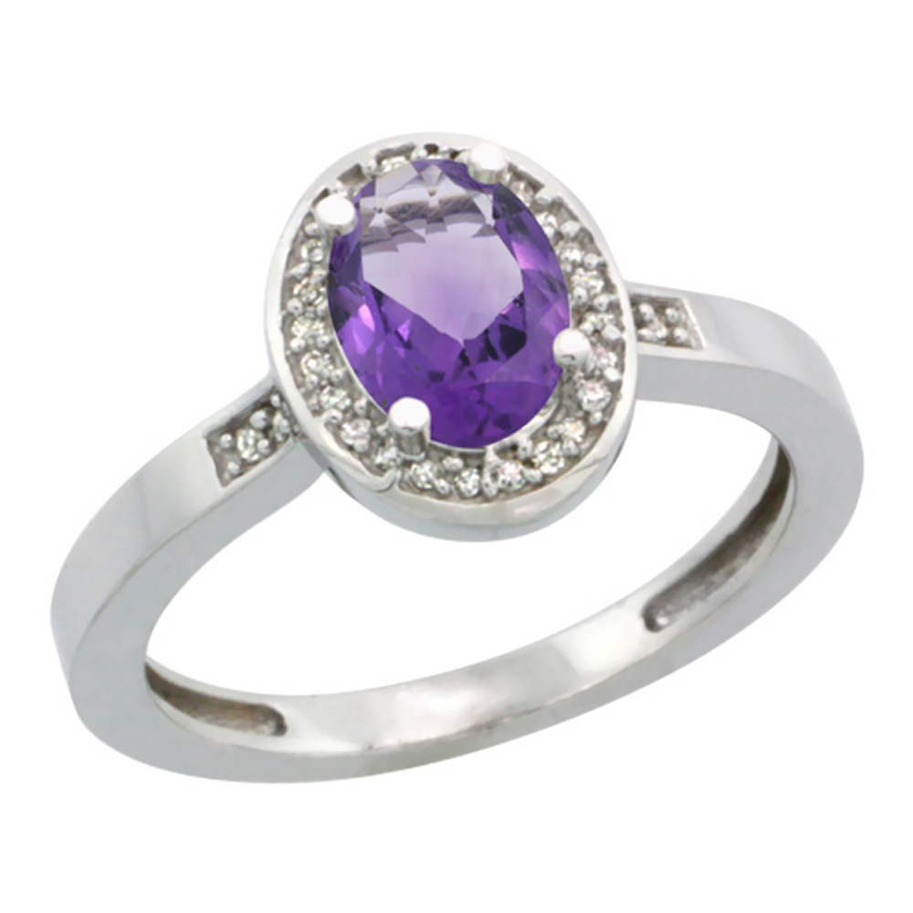 14K White Gold Diamond Natural Amethyst Engagement Ring Oval 7x5mm, sizes 5-10