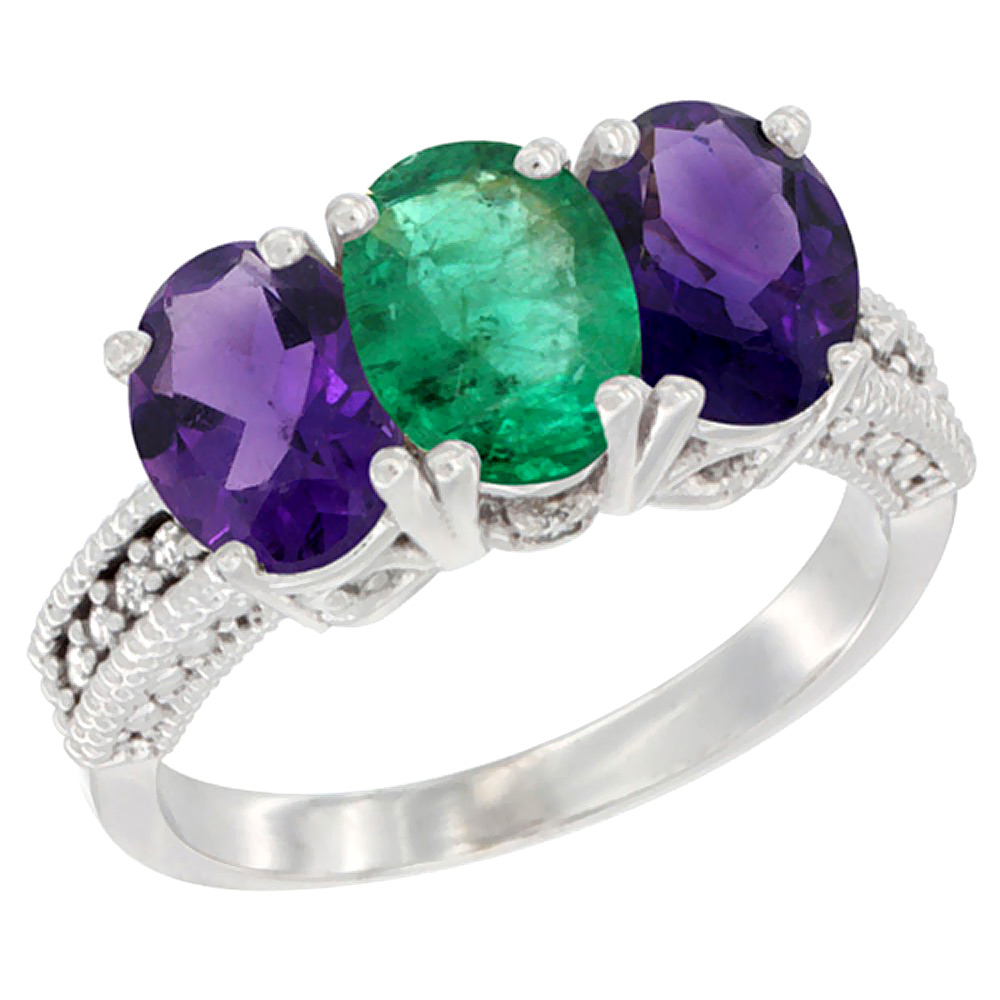 10K White Gold Natural Emerald &amp; Amethyst Sides Ring 3-Stone Oval 7x5 mm Diamond Accent, sizes 5 - 10