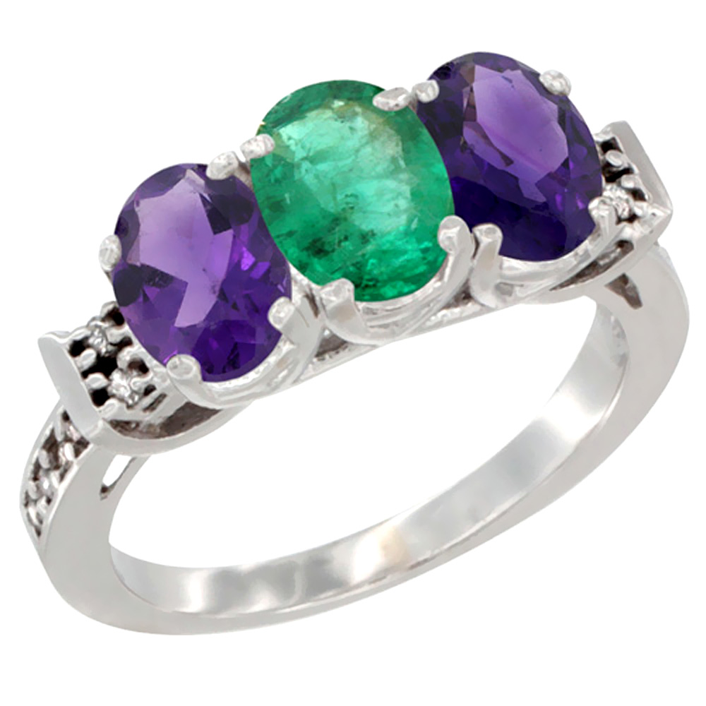 14K White Gold Natural Emerald &amp; Amethyst Sides Ring 3-Stone 7x5 mm Oval Diamond Accent, sizes 5 - 10