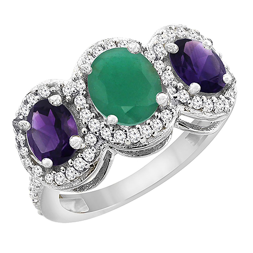 10K White Gold Natural Emerald & Amethyst 3-Stone Ring Oval Diamond Accent, sizes 5 - 10