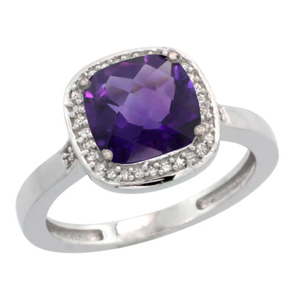 14K White Gold Diamond Natural Amethyst Ring Cushion-cut 8x8mm, sizes 5-10