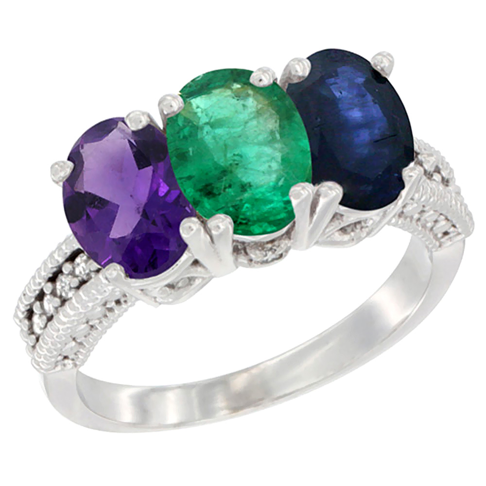 10K White Gold Natural Amethyst, Emerald &amp; Blue Sapphire Ring 3-Stone Oval 7x5 mm Diamond Accent, sizes 5 - 10