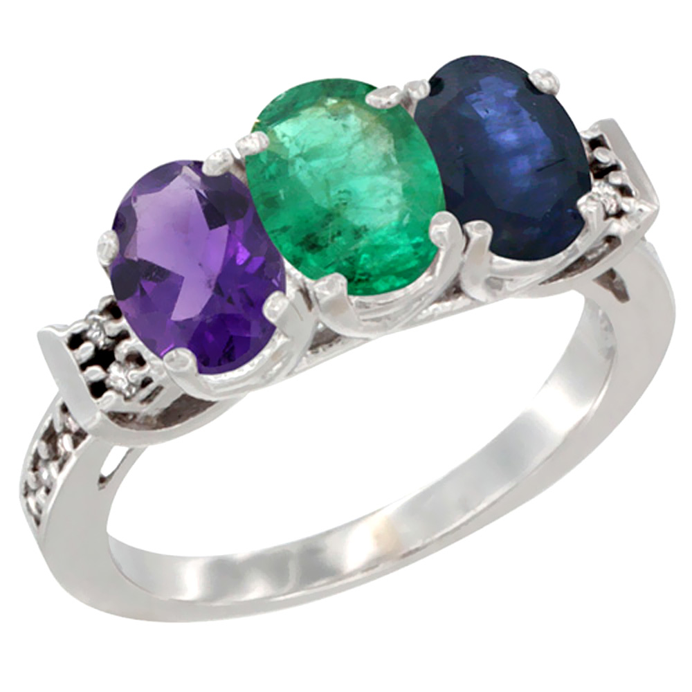 14K White Gold Natural Amethyst, Emerald & Blue Sapphire Ring 3-Stone 7x5 mm Oval Diamond Accent, sizes 5 - 10