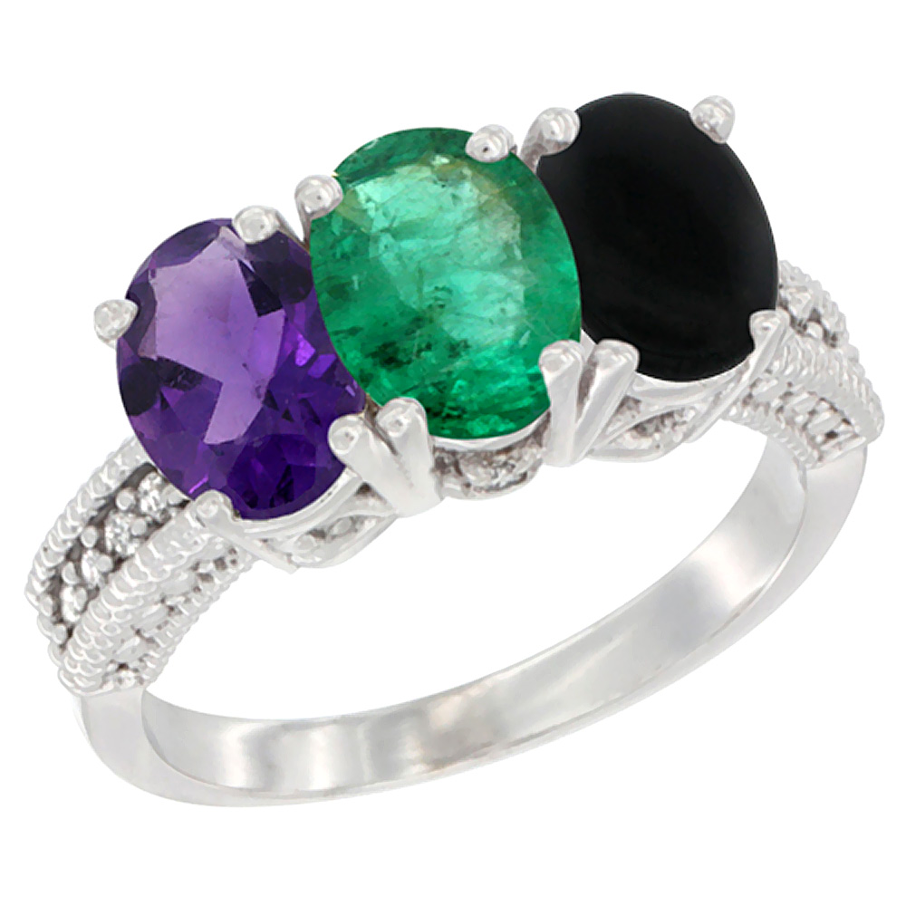 10K White Gold Natural Amethyst, Emerald &amp; Black Onyx Ring 3-Stone Oval 7x5 mm Diamond Accent, sizes 5 - 10