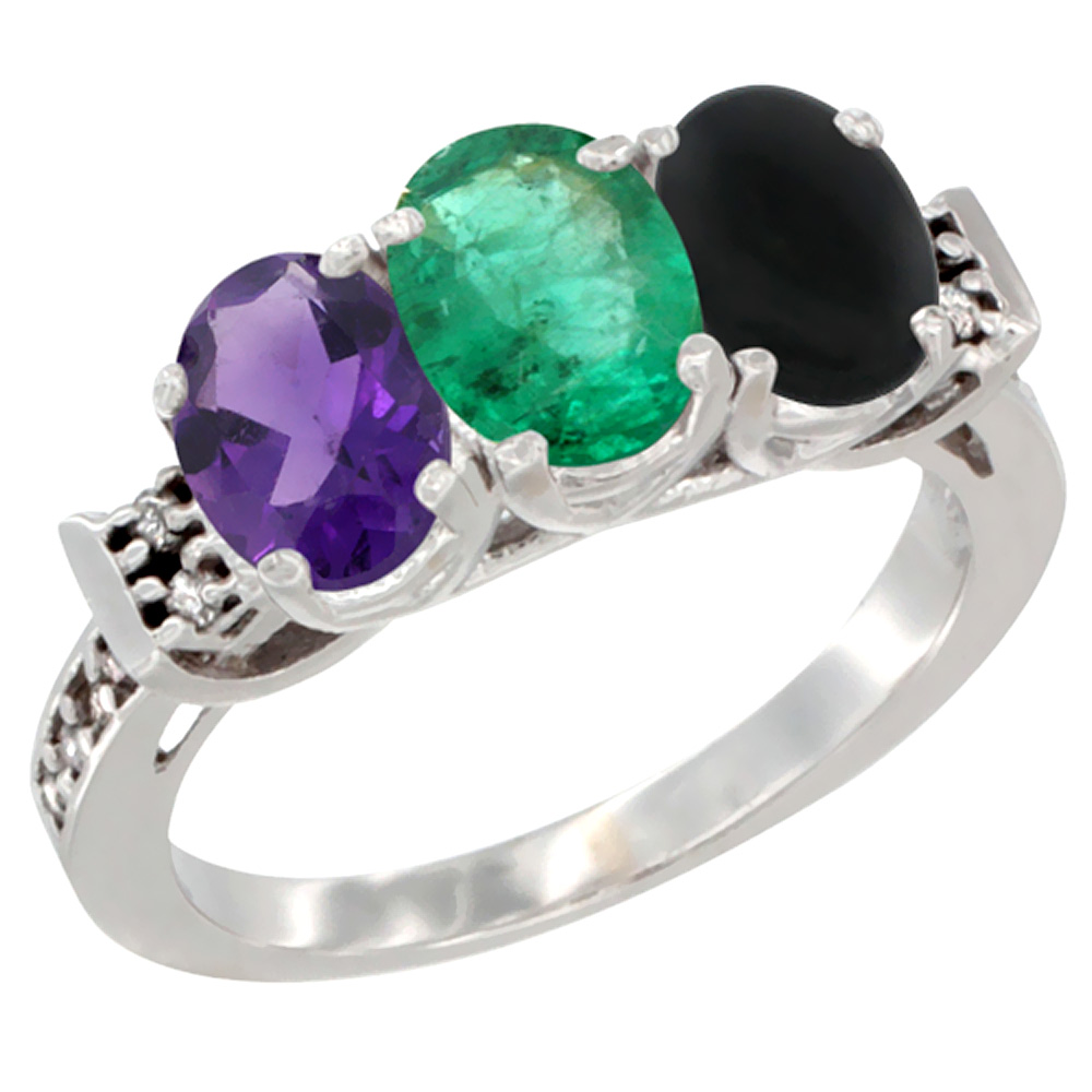 10K White Gold Natural Amethyst, Emerald &amp; Black Onyx Ring 3-Stone Oval 7x5 mm Diamond Accent, sizes 5 - 10