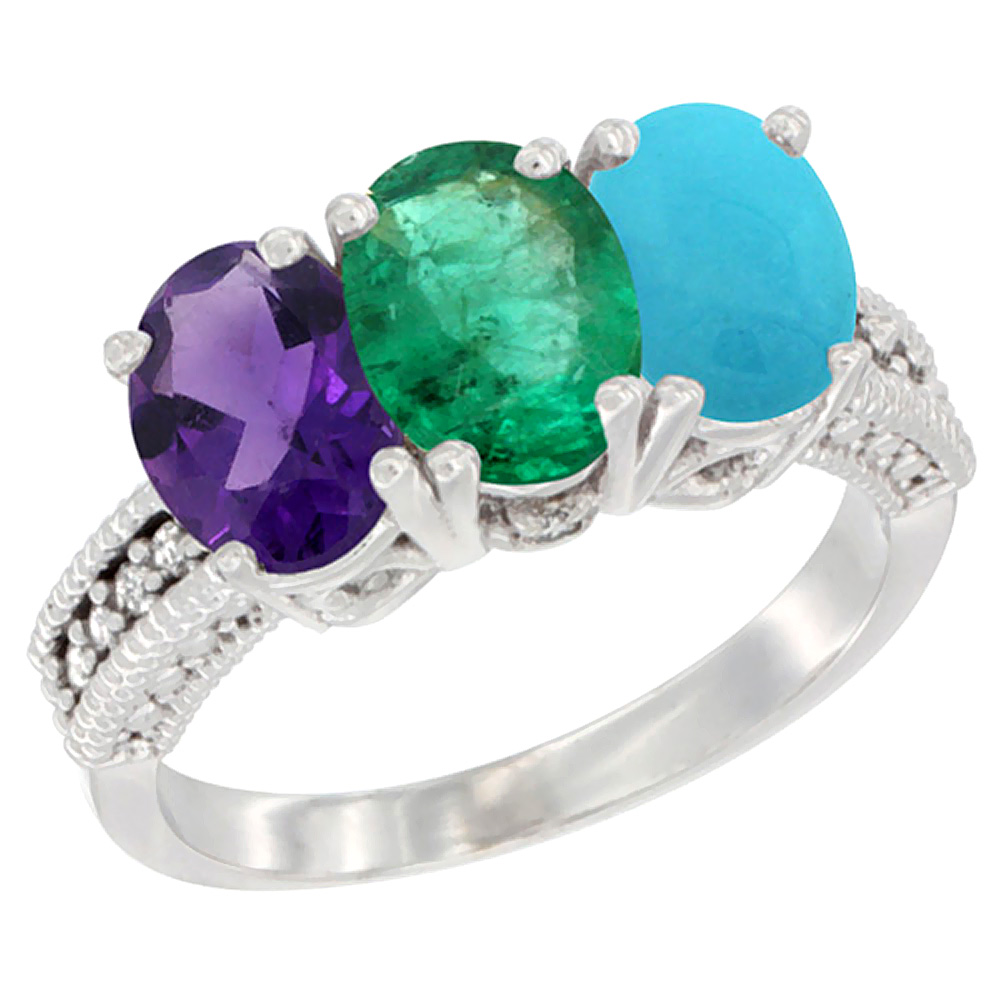 10K White Gold Natural Amethyst, Emerald & Turquoise Ring 3-Stone Oval 7x5 mm Diamond Accent, sizes 5 - 10