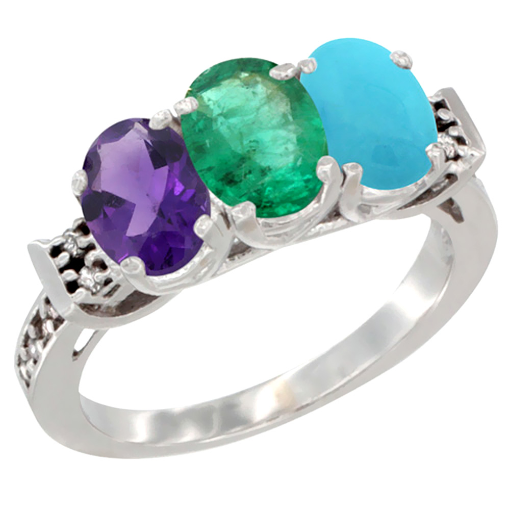 14K White Gold Natural Amethyst, Emerald & Turquoise Ring 3-Stone 7x5 mm Oval Diamond Accent, sizes 5 - 10