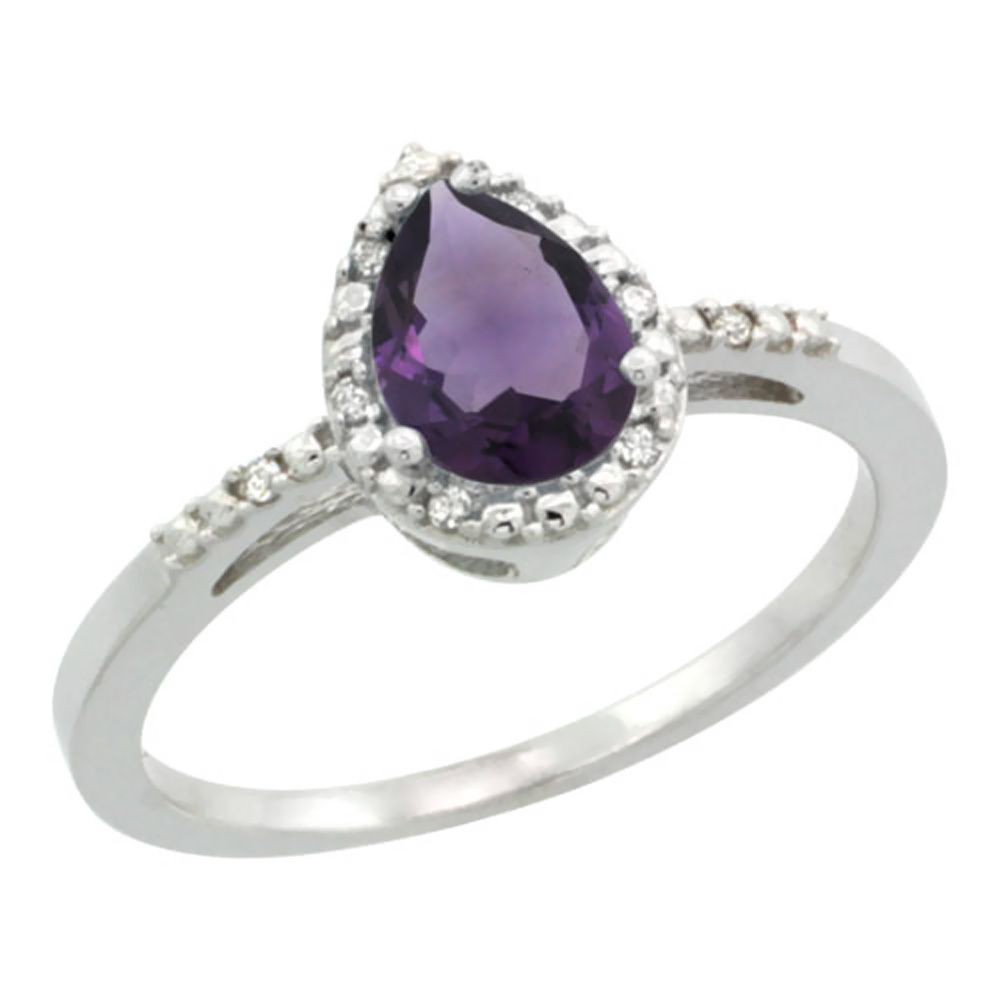 14K White Gold Diamond Natural Amethyst Ring Pear 7x5mm, sizes 5-10