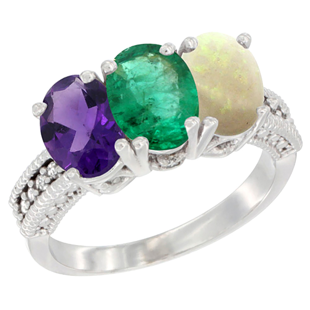 10K White Gold Natural Amethyst, Emerald &amp; Opal Ring 3-Stone Oval 7x5 mm Diamond Accent, sizes 5 - 10