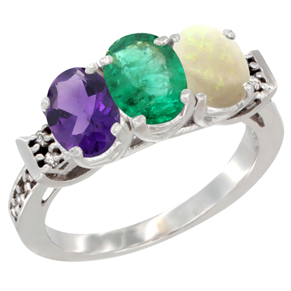 14K White Gold Natural Amethyst, Emerald &amp; Opal Ring 3-Stone 7x5 mm Oval Diamond Accent, sizes 5 - 10