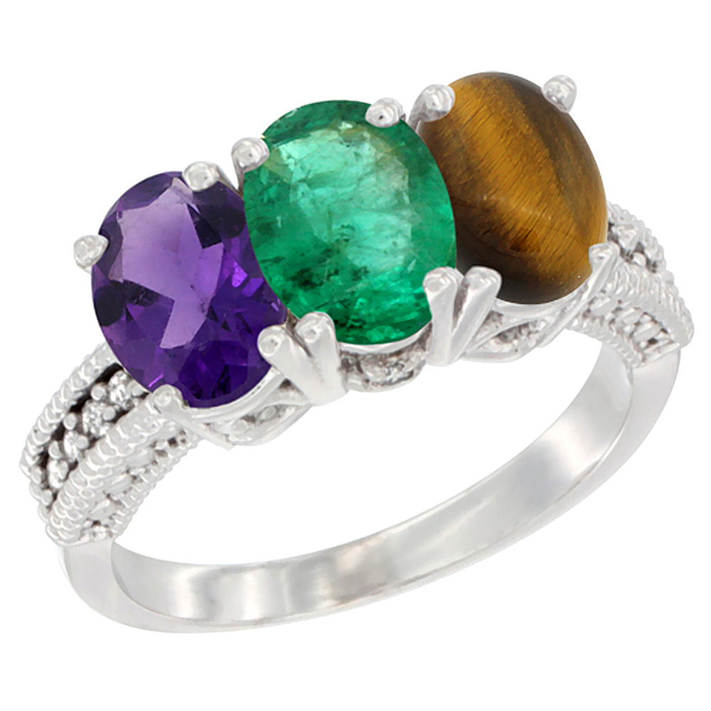 10K White Gold Natural Amethyst, Emerald &amp; Tiger Eye Ring 3-Stone Oval 7x5 mm Diamond Accent, sizes 5 - 10