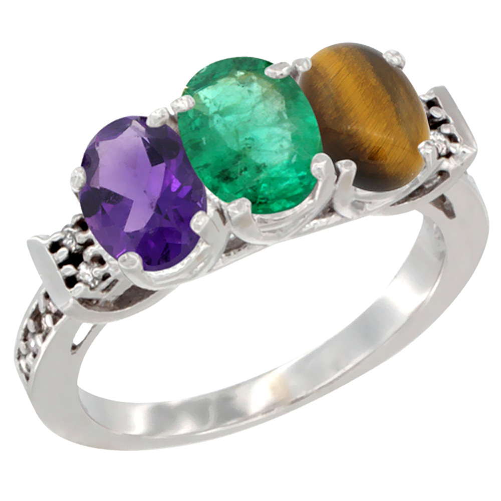 10K White Gold Natural Amethyst, Emerald & Tiger Eye Ring 3-Stone Oval 7x5 mm Diamond Accent, sizes 5 - 10