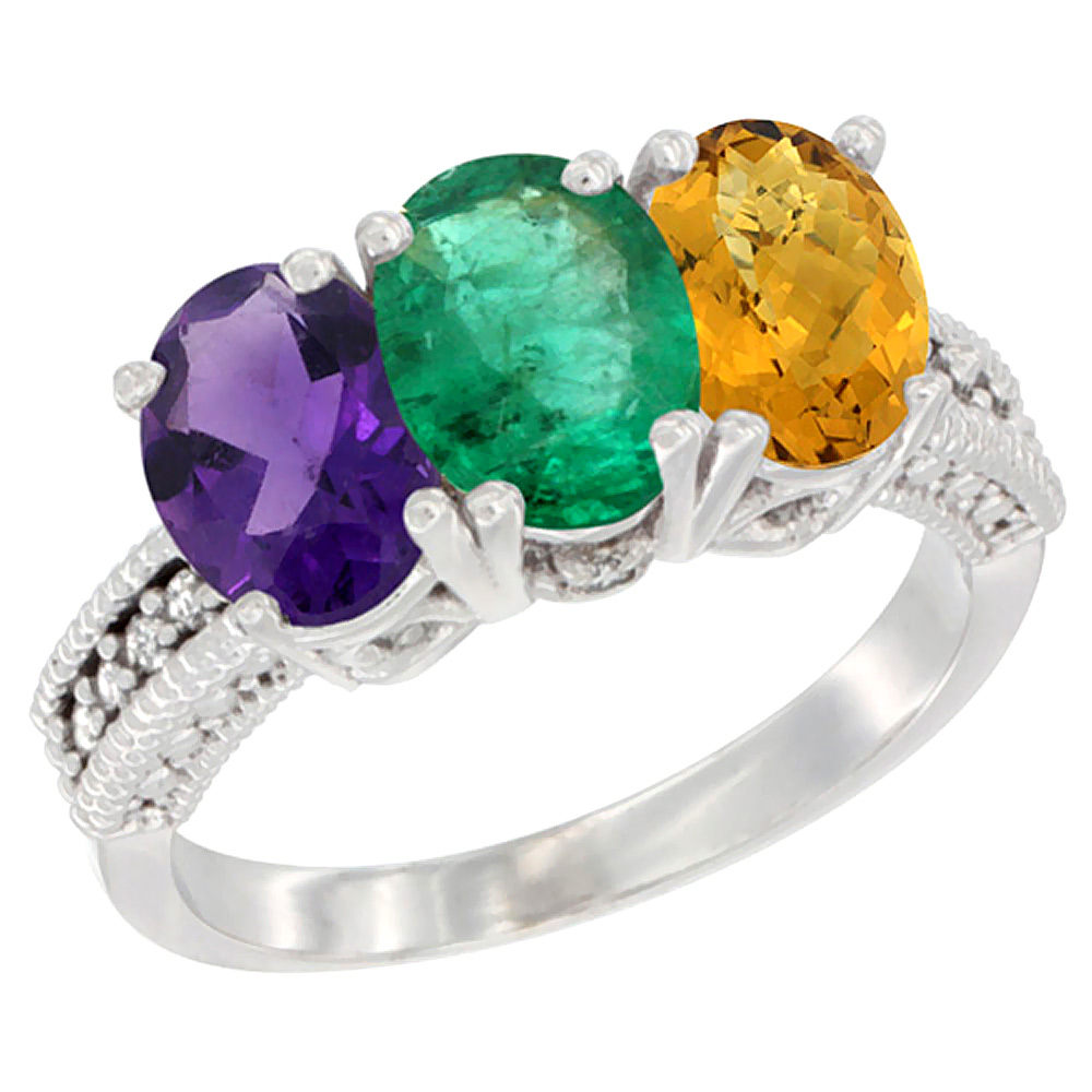 14K White Gold Natural Amethyst, Emerald &amp; Whisky Quartz Ring 3-Stone 7x5 mm Oval Diamond Accent, sizes 5 - 10